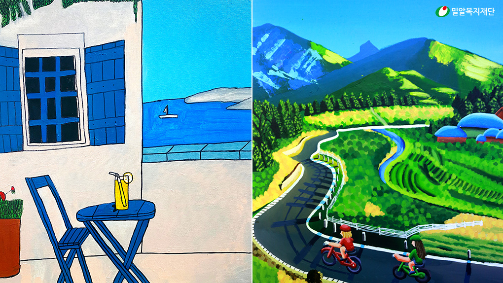 (좌)김성찬 작가 ‘카페가 있는 풍경’, (우)김승현 작가 ‘오솔길의 자전거 도로’.jpg