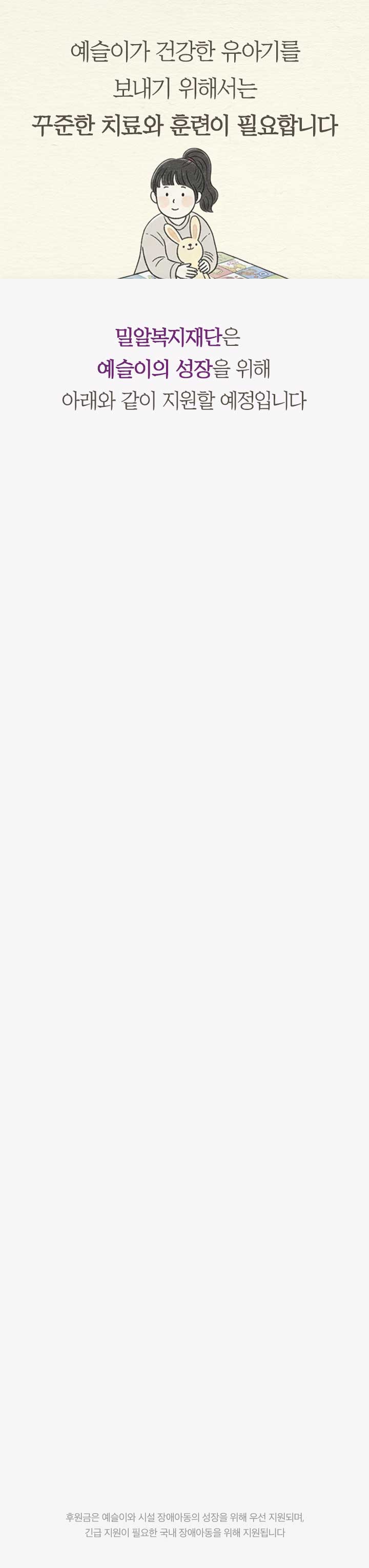 예슬이가 건강한 유아기를 보내기 위해서는 꾸준한 치료와 훈련이 필요합니다 밀알복지재단은 예슬이의 성장을 위해 아래와 같이 지원할 예정입니다