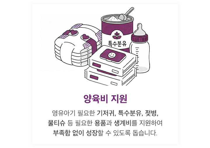 양육비 지원 - 영유아기 필요한 기저귀, 특수분유, 젖병, 물티슈 등 필요한 용품과 생계비를 지원하여 부족함 없이 성장할 수 있도록 돕습니다.